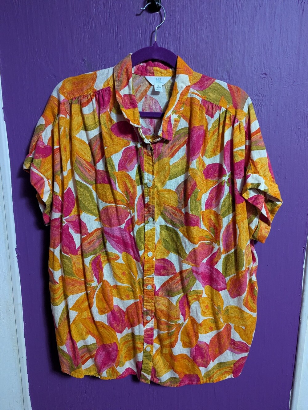 10. Time And Tru Tropical Short Cuffed Sleeve Button Down Shirt XL 16 18 - Picture 1 of 3
